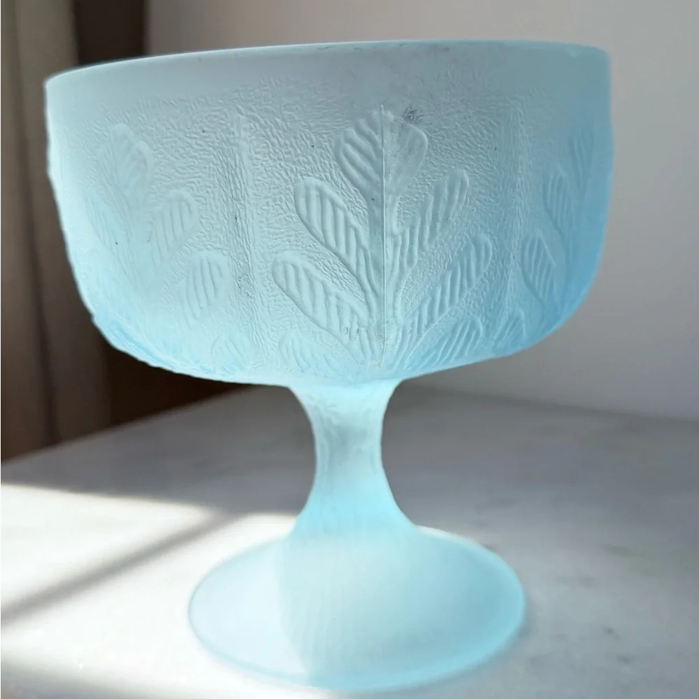 Blue Frosted Glass Compote with Leaf Relief